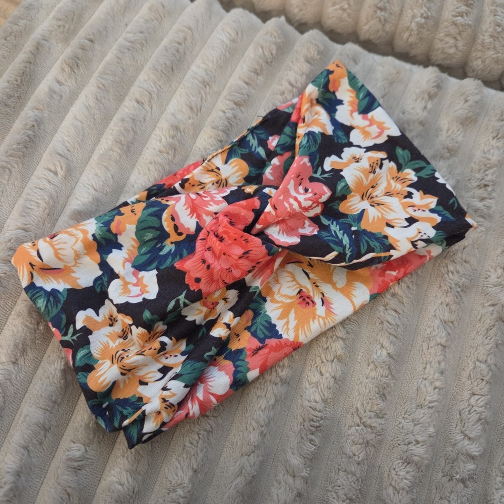 Floral Twist Front Fabric Headband Boho Black Floral Knot Headband Wide women